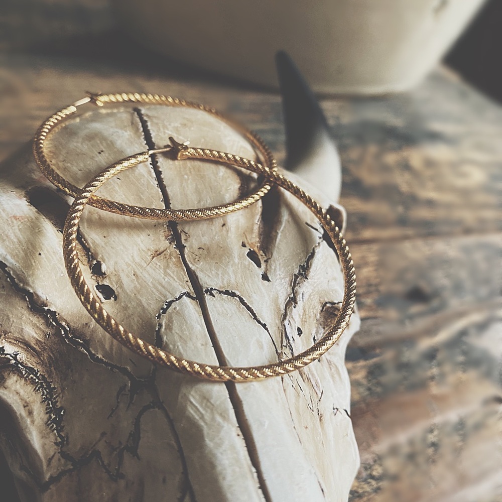 Vintage Monet Gold Tone Textured Hoop Earrings - Lightweight 2" Large Hoops
